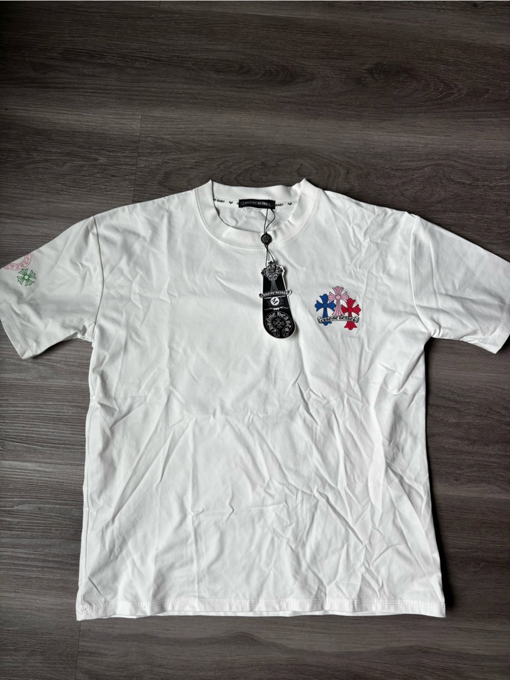 Chrome Hearts White T-Shirt with Red, Blue & Pink Cross Motif